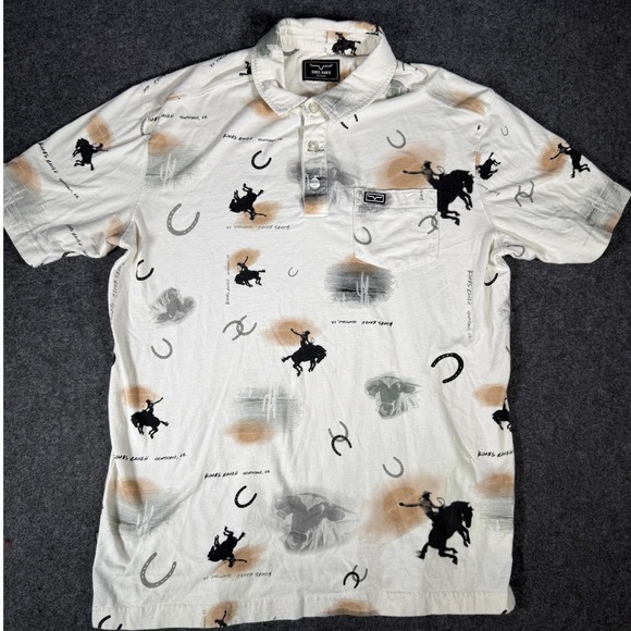 Kimes Ranch Other - Kimes Ranch Mens M Bayard Polo Shirt Western Bronc Rider Horseshoe Print Cream